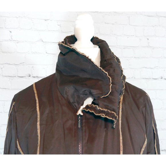 L33 Brown Fitted Coat/Jacket with Tan Stitching, Fleece Lining, & Roses - Picture 5 of 11